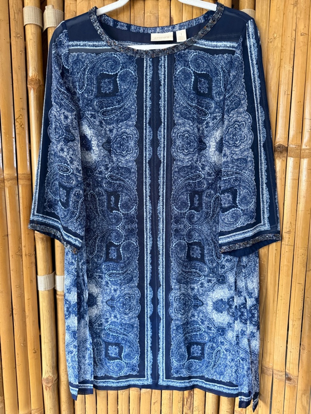 Chico's Navy and Light Blue Beaded Paisley Tunic Size 1 (Medium)